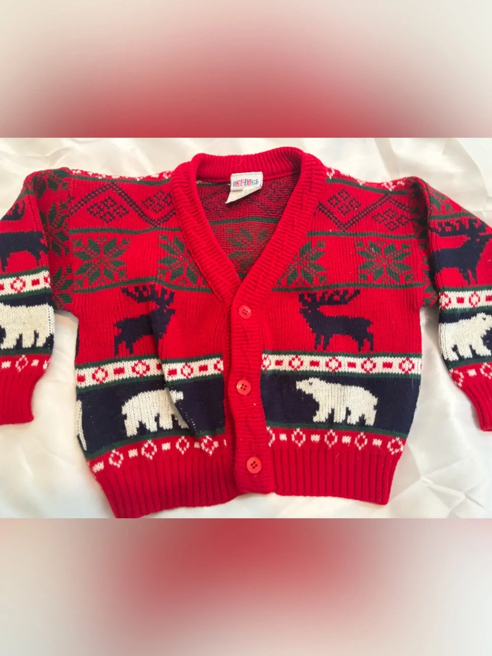 Vintage okie dokie Red and Navy Holiday Knit Cardigan with Animal Motif 3t boy